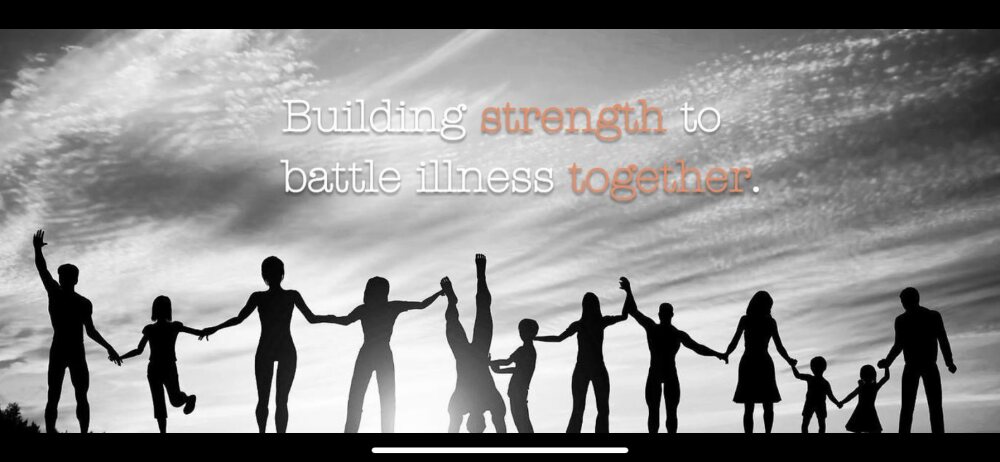 Silhouettes of people of all ages holding hands against a bright sky, with the words: Building strength to battle illness together.